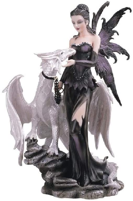 10" h Gothic Black Fairy White Dragon Statue Fantasy