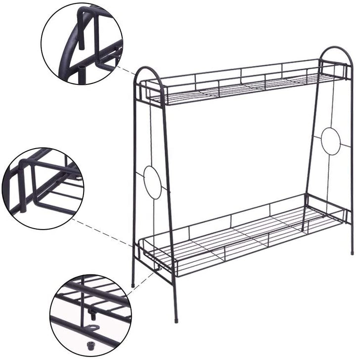 2 Layers Round Pattern Shelving Plant Stand Black Baking Paint Iron - Diamond Home USA