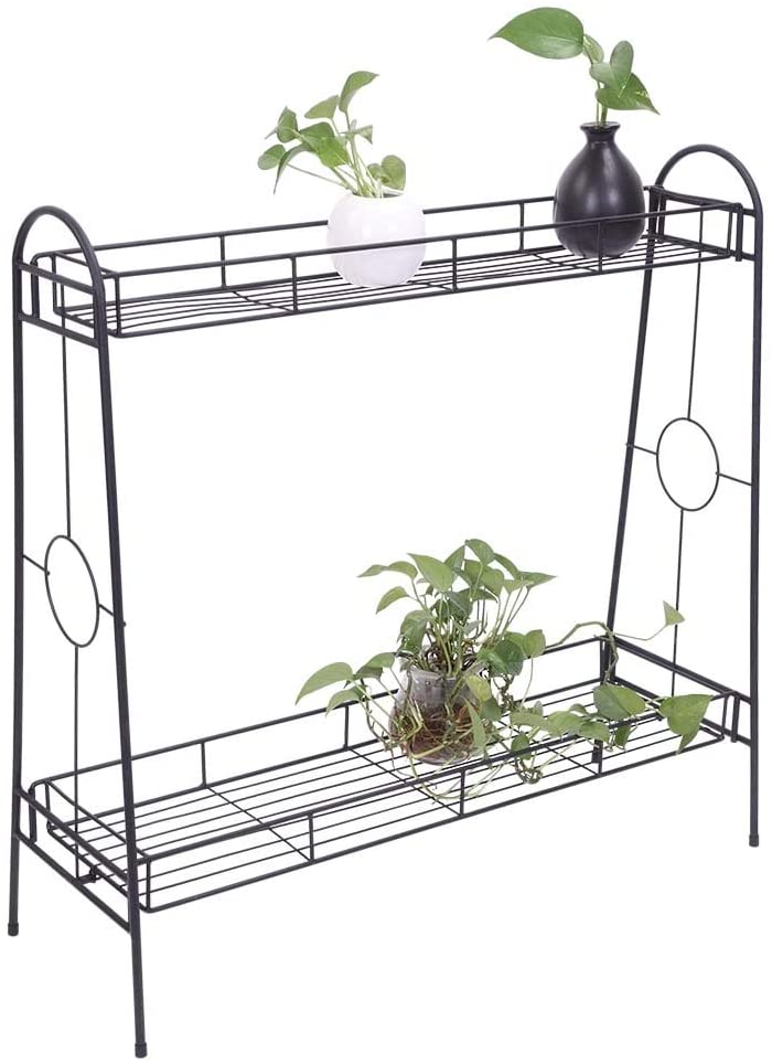 2 Layers Round Pattern Shelving Plant Stand Black Baking Paint Iron - Diamond Home USA