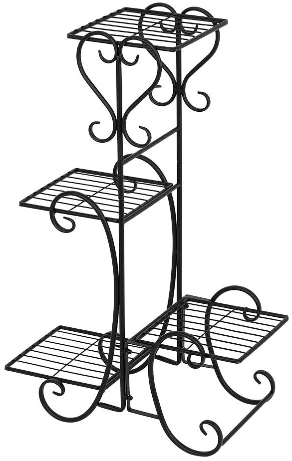 Outdoor 4 Potted Square Metal Shelves Plant Pot Stand Decoration Black Iron - Diamond Home USA