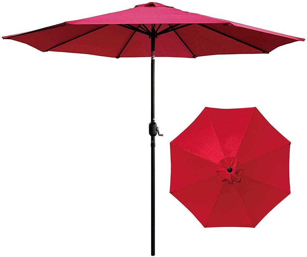 9 Ft Round Patio Umbrella Outdoor Market Table Tilt Crank Lift Garden Lawn Deck Backyard Pool Black Red Nature Nautical Coastal Metal Polyester