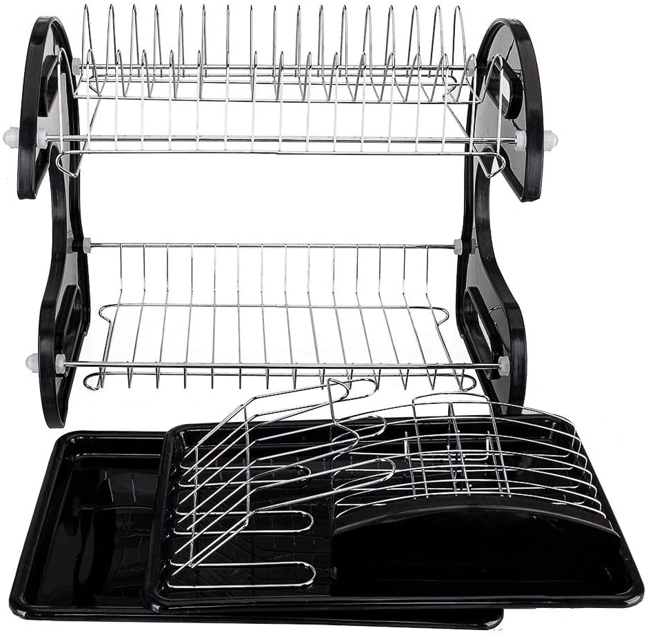 Multifunctional Dual Layers Bowls Collection Shelf Dish Rack Black Plastic Finish - Diamond Home USA