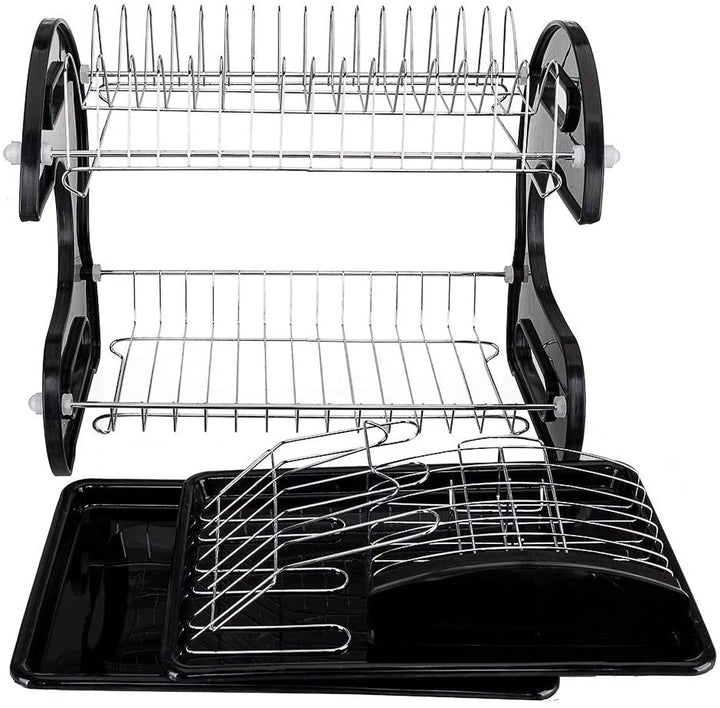 Multifunctional Dual Layers Bowls Collection Shelf Dish Rack Black Plastic Finish - Diamond Home USA