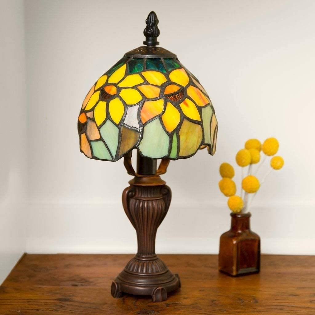 Blandford 11 5 inch Tiffany Stained Glass Sunflower Blossoms Lamp 6" l X 6" w 12" h Blue Orange Yellow Bronze - Diamond Home USA