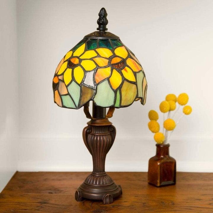 Blandford 11 5 inch Tiffany Stained Glass Sunflower Blossoms Lamp 6" l X 6" w 12" h Blue Orange Yellow Bronze - Diamond Home USA