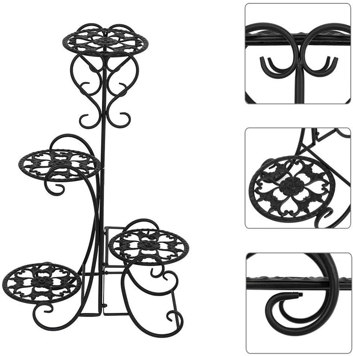 Outdoor 4 Potted Round Metal Shelves Plant Pot Stand Decoration Black Iron - Diamond Home USA