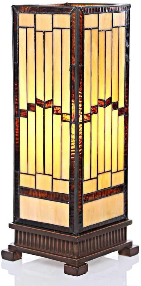 MISC Stained Glass Rustic 17 inch Hurricane Lamp 6 75" l X 6 75" w 17 25" h Beige Brown Bohemian Eclectic Bronze