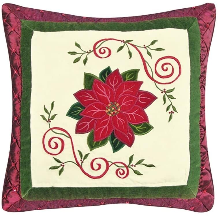 Red Poinsettia Quilted Decorative Accent Throw Pillow Floral