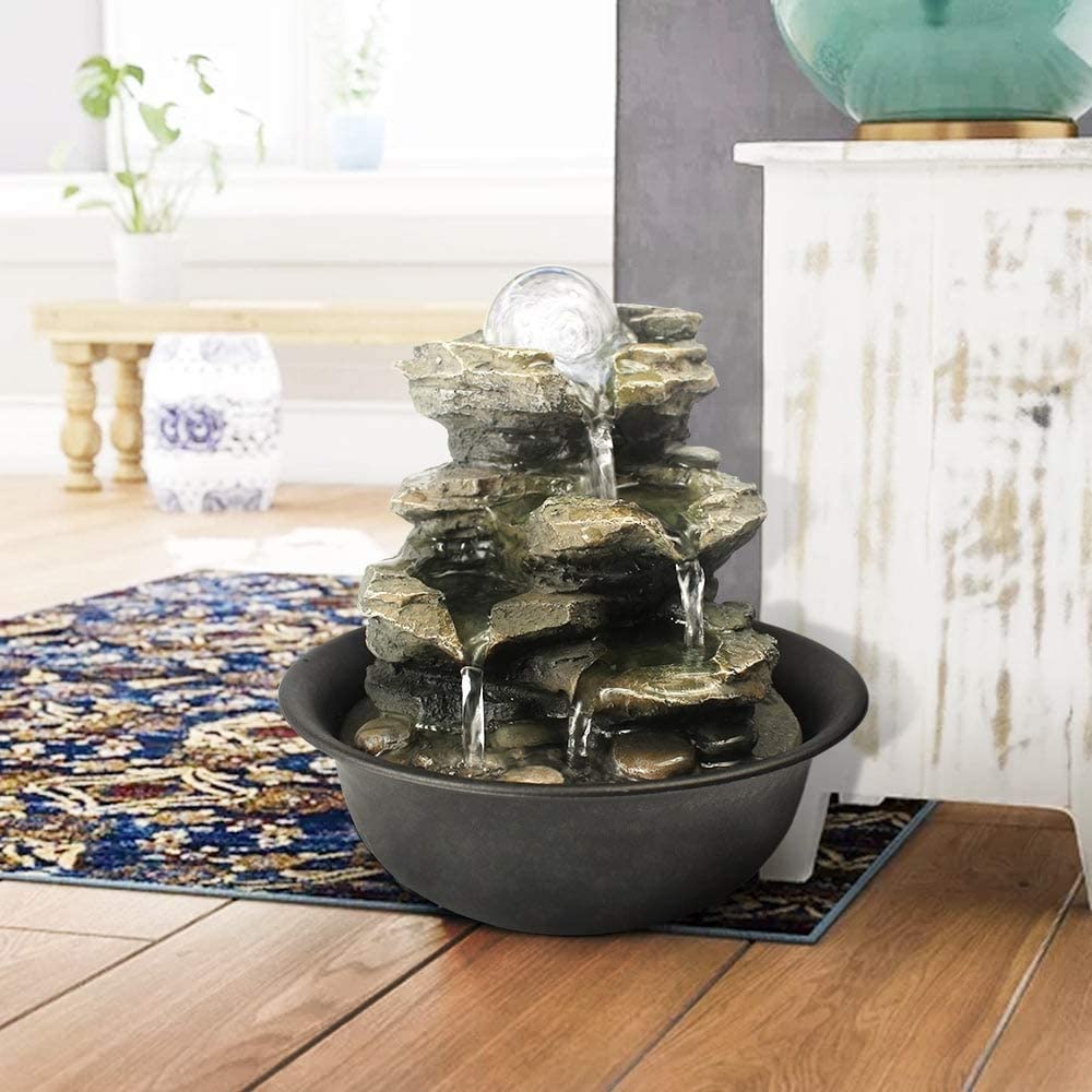 8 3 inch H 4 Tier Cascading Rock Falls Tabletop Water Fountain W/Light Grey Polyresin Lighted Pump Included - Diamond Home USA