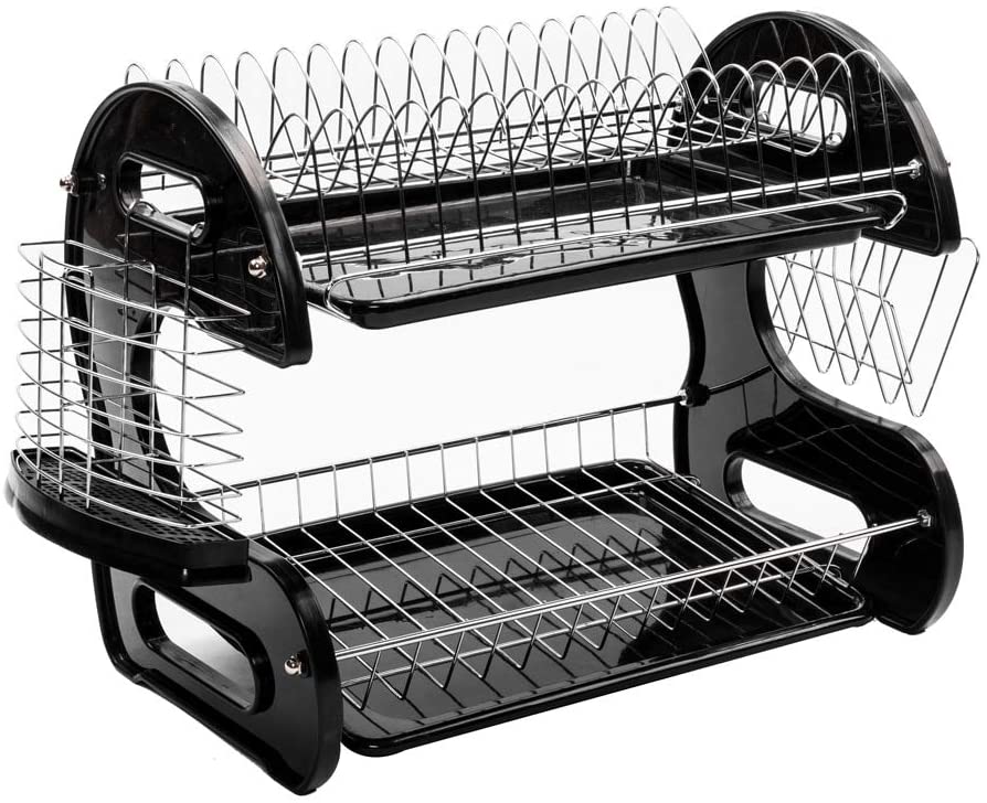 Multifunctional Dual Layers Bowls Collection Shelf Dish Rack Black Plastic Finish - Diamond Home USA