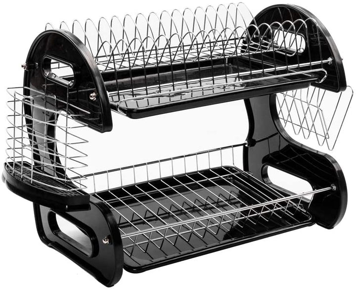 Multifunctional Dual Layers Bowls Collection Shelf Dish Rack Black Plastic Finish - Diamond Home USA
