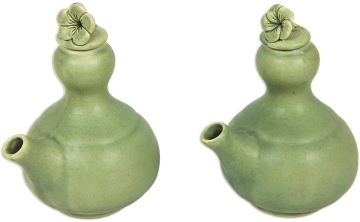 Handmade Happy Frangipani Ceramic Oil Vinegar Set (Pair) Green 2 Piece - Diamond Home USA