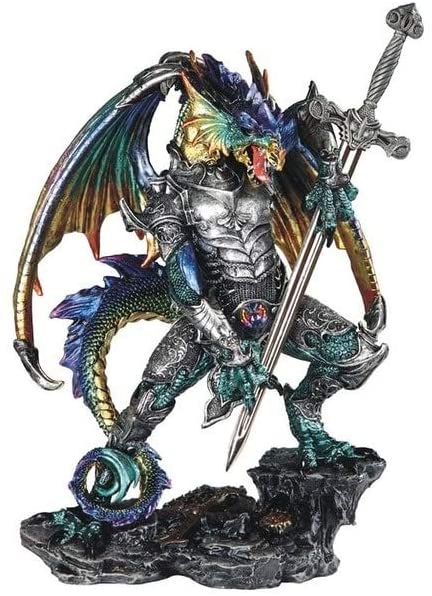 12" h Blue Green Dragon Armor Sword Statue Fantasy