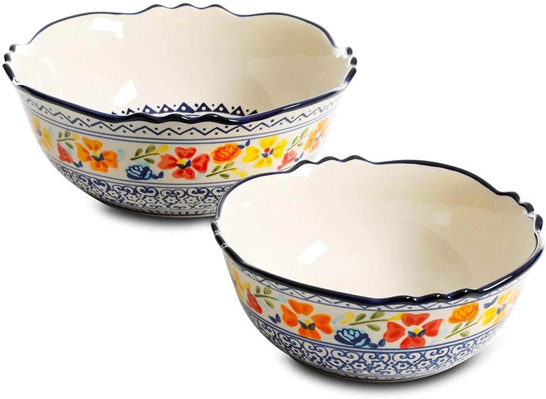 2 Piece Stoneware Bowl Set Color Floral Country Round