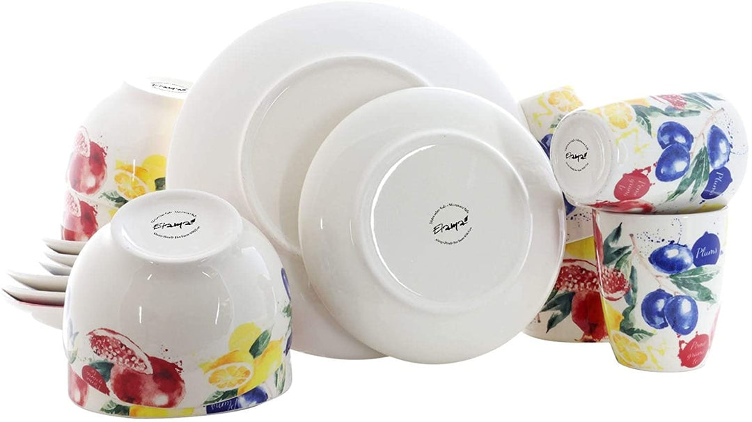 Pomegranate 16 Piece Luxury Stoneware Dinnerware Set Color Floral Casual Round Microwave Safe - Diamond Home USA