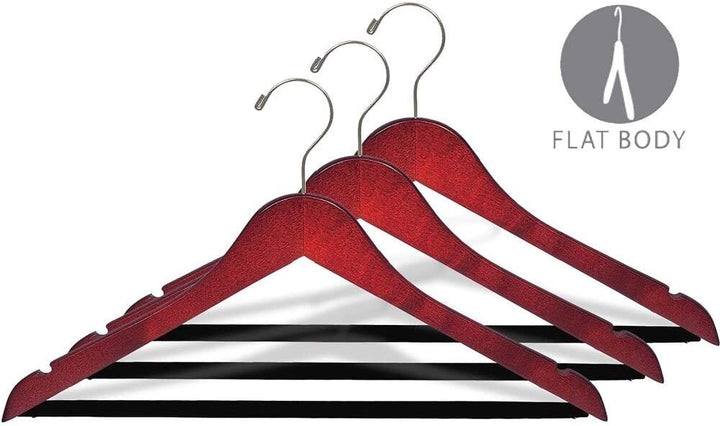 Cherry Finish Suit Hanger Black Velvet Non Slip Bar Box 50 Flat Hangers Notches Brown Chrome Wood - Diamond Home USA