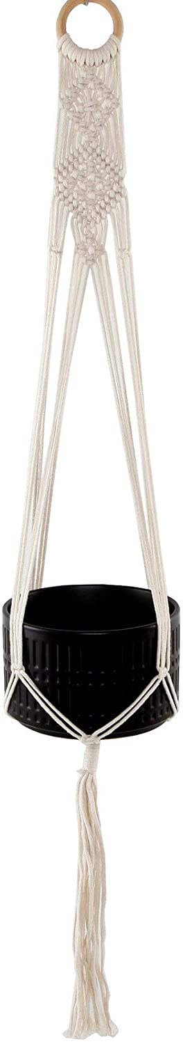 43" H Hanging Macrame Planter Hanger White Mid Century Modern Round Ceramic Handmade - Diamond Home USA