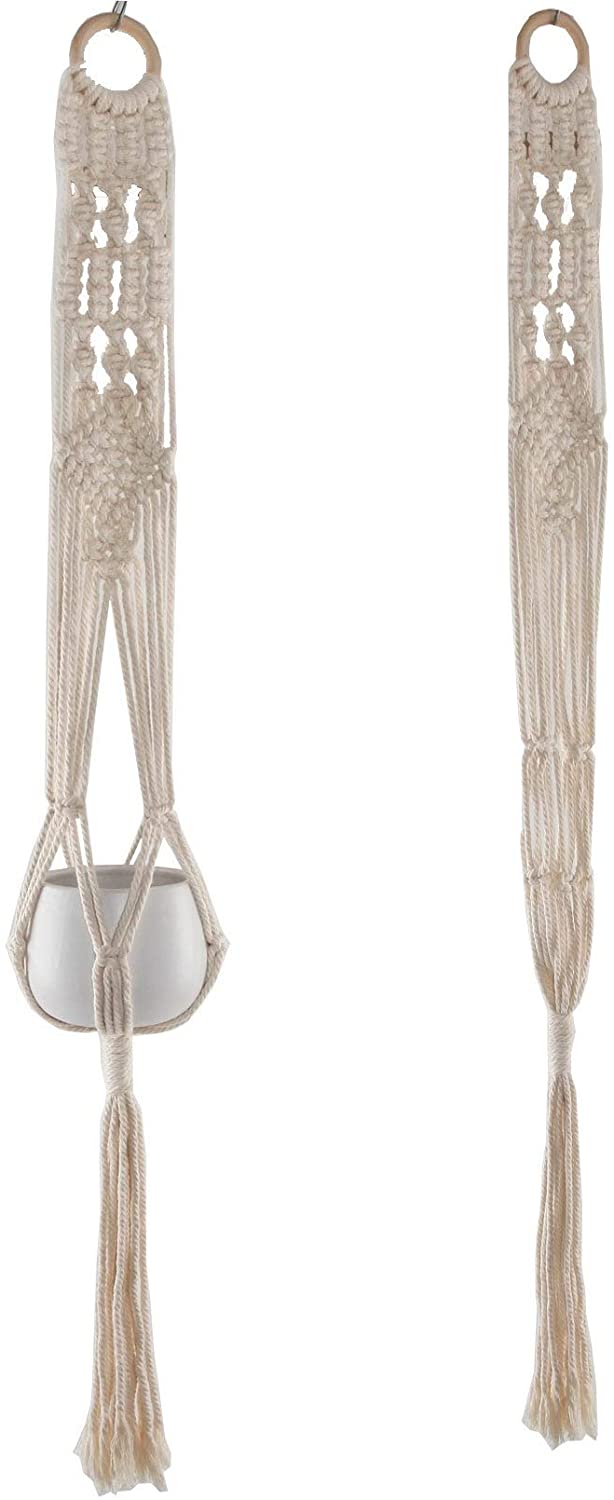 40" l Macrame Plant Hanger White Mid Century Modern Round Ceramic Handmade - Diamond Home USA