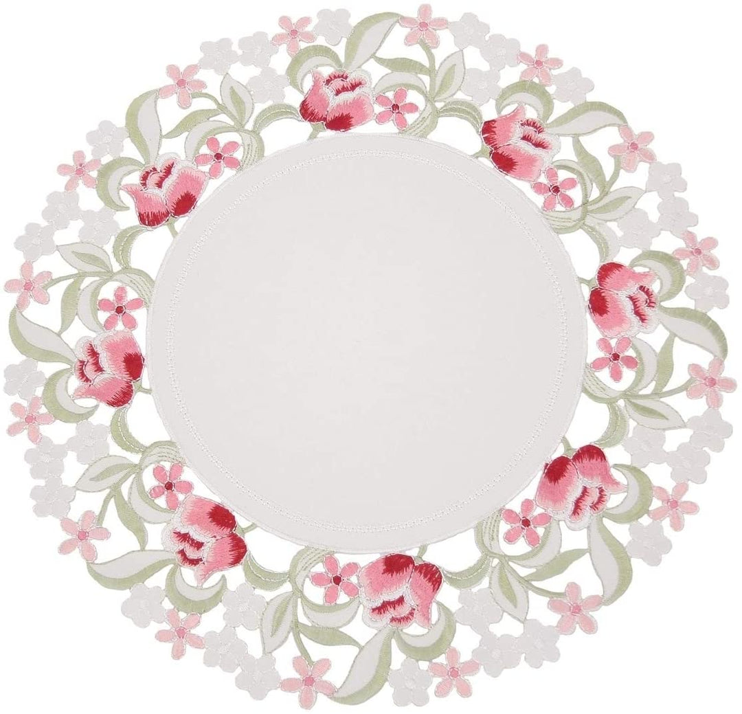 Lush Rosette Embroidered Cutwork Round Placemats 16 Inch Set