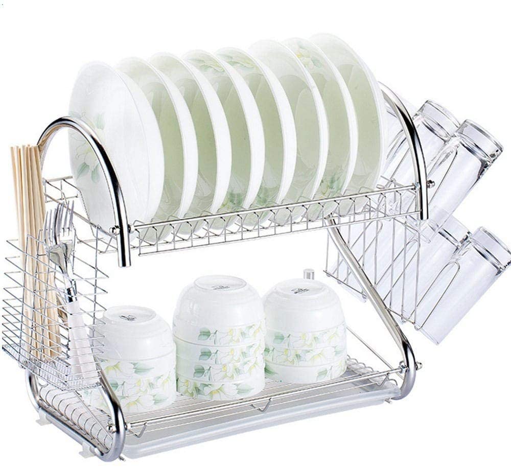MISC Aluminum Multifunctional S Shaped Dual Layer Bowls/Dishes/Chopsticks/Spoons Shelf Dish Drainer Silver White Finish
