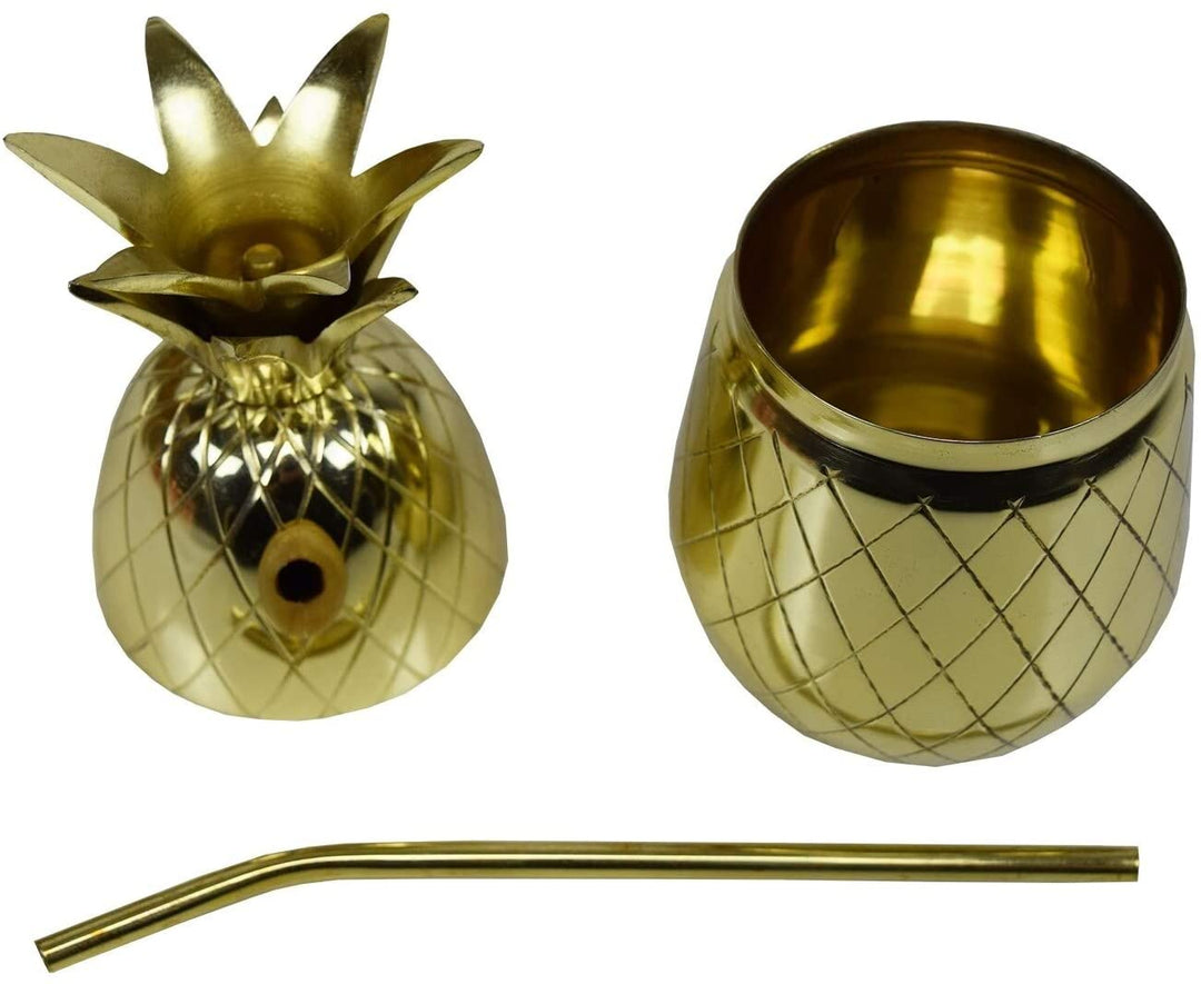 Brass Gold Pineapple Tumbler Shaker Mug Straw Rubber Seal Metal 2 Piece