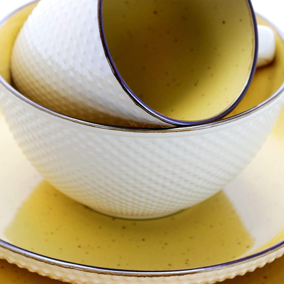Embossed Dot Two Tone 16 Piece Dinnerware Set Yellow Textured Casual Round Stoneware 16 Piece Microwave Safe - Diamond Home USA