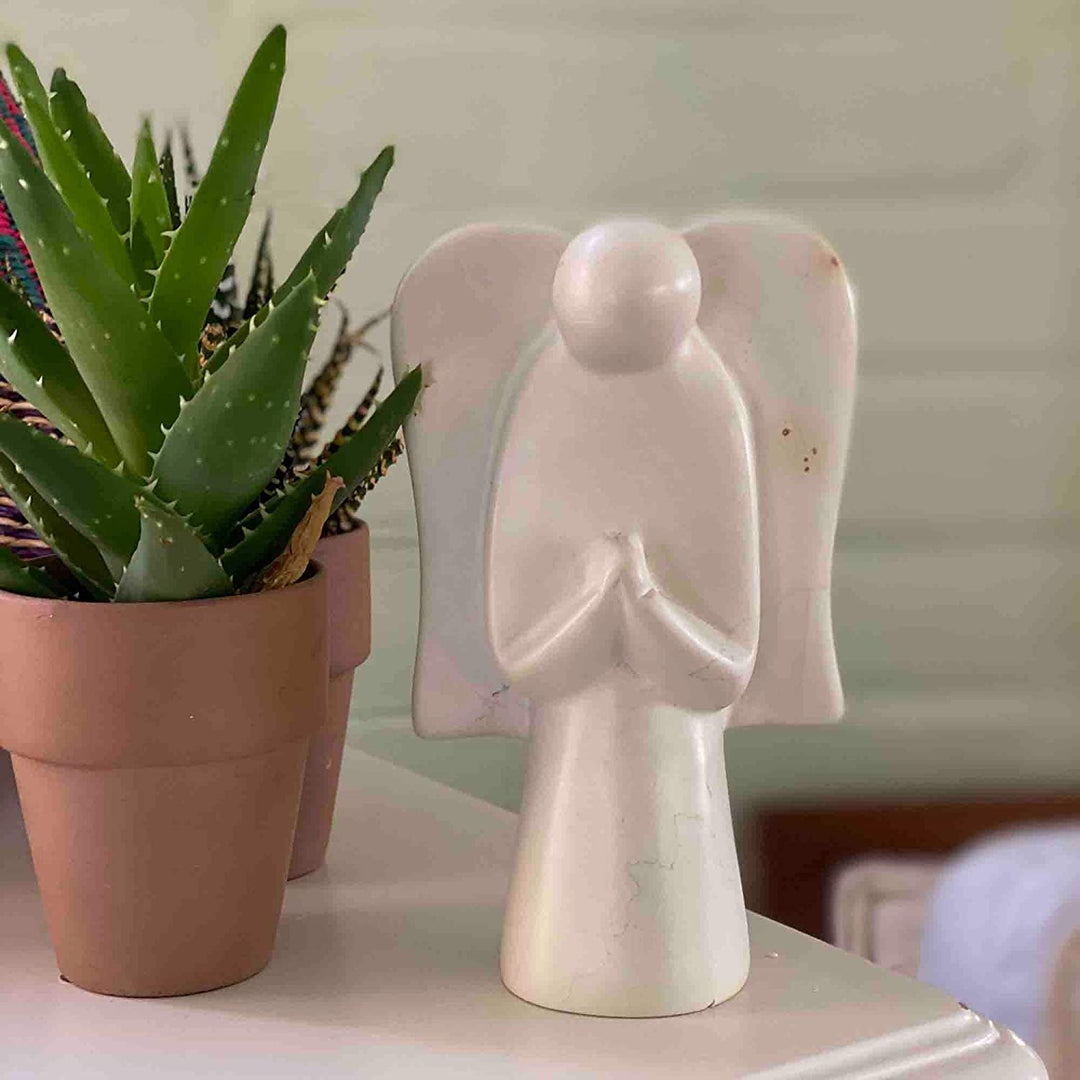 Praying Angel Natural Stone Figurine Off/White Classic Handmade - Diamond Home USA