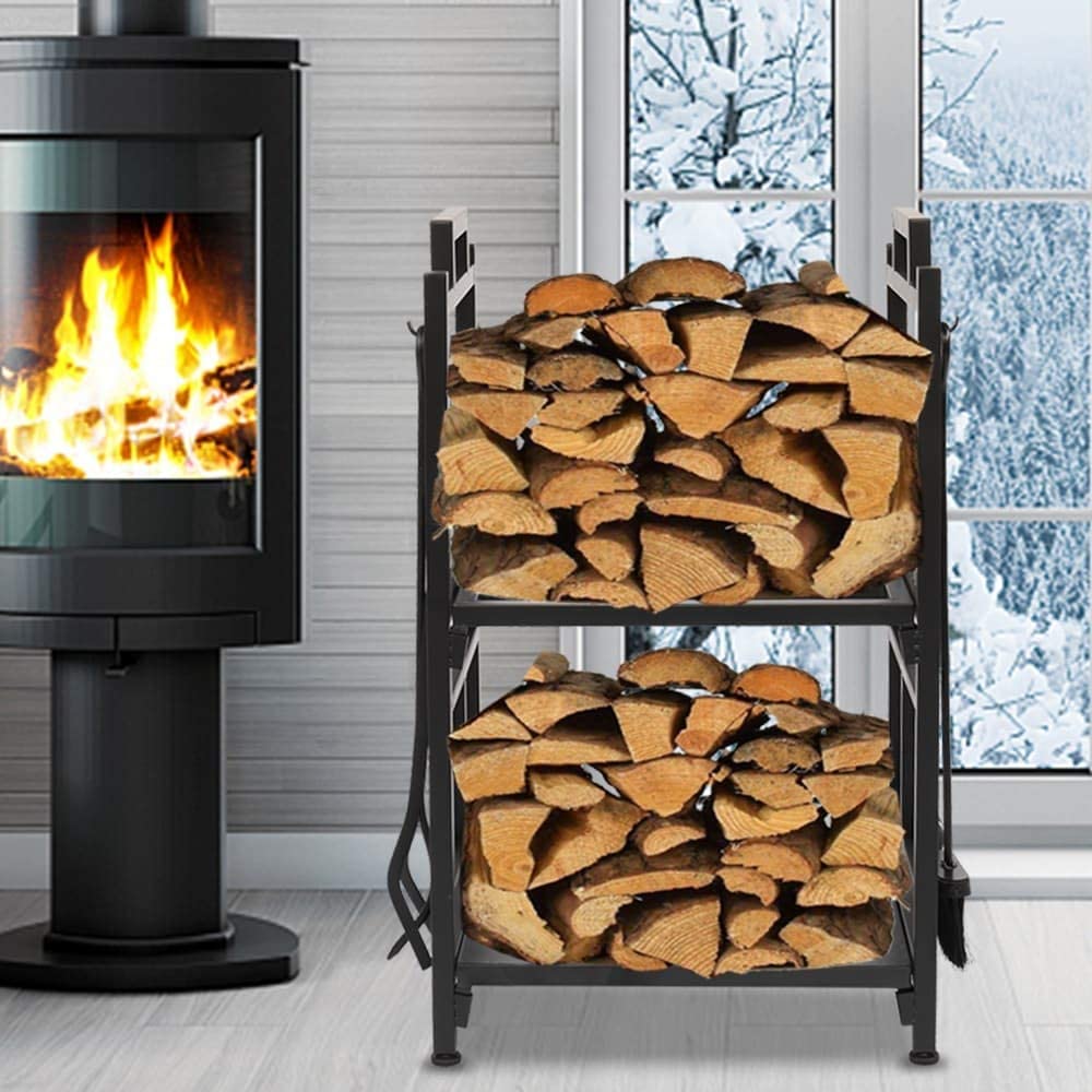 Double Layer Firewood Holder Animal Pattern Tools Black Iron - Diamond Home USA