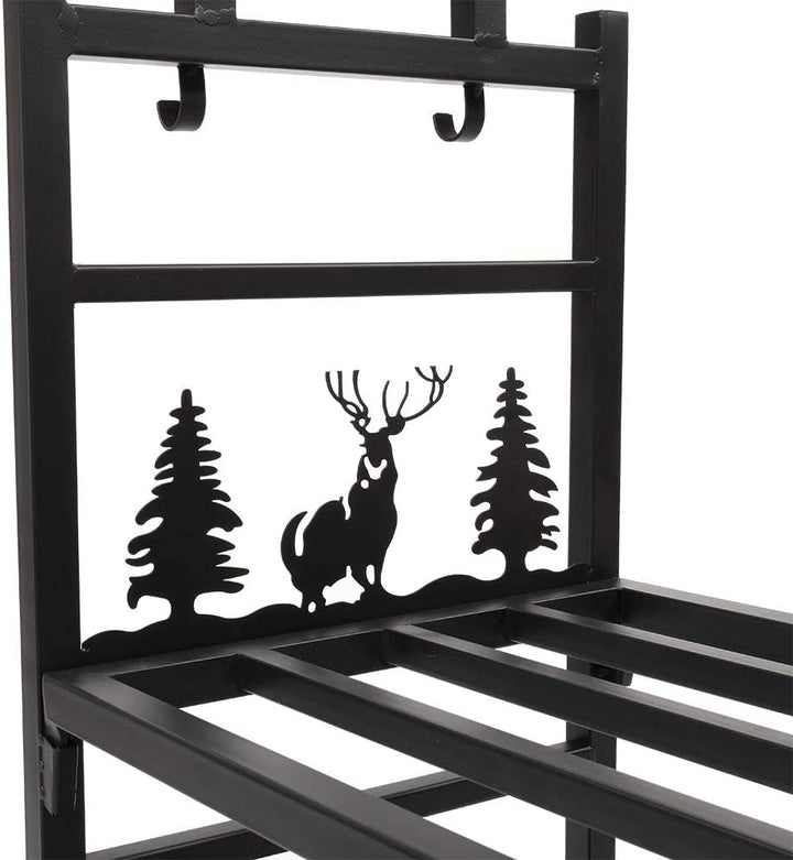Double Layer Firewood Holder Animal Pattern Tools Black Iron - Diamond Home USA