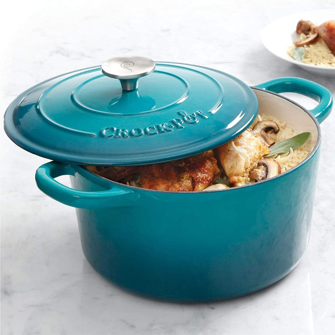 5 Qt Round Dutch Oven Teal Enamel Brushed Ss Hollow Knob Cast Iron Turquoise Stainless Steel - Diamond Home USA