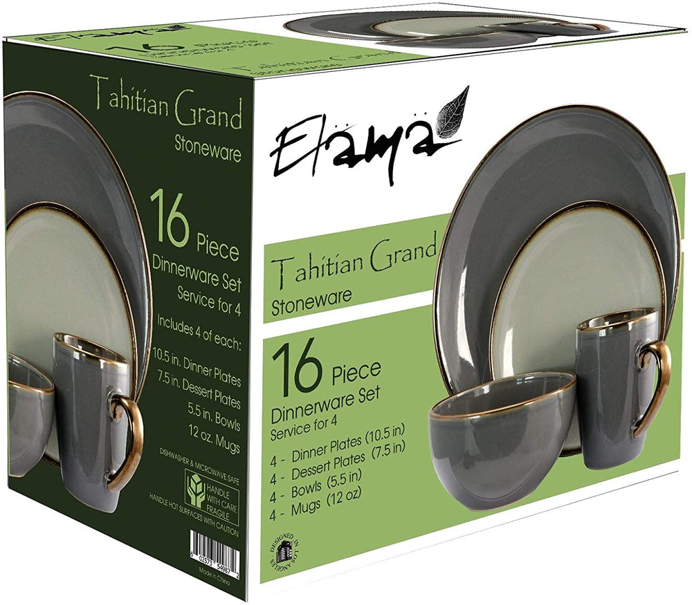 Grand 16pc Luxurious Stoneware Dinnerware Set Stone Grey Solid Casual Round 16 Piece Microwave Safe - Diamond Home USA