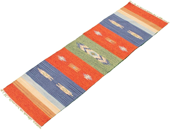 Flat Weave Bold Colorful Blue Red Wool 2'0 X 6'8 Stripe Patterned Southwestern Transitional Rectangle Cotton Latex Free Handmade Made Order - Diamond Home USA