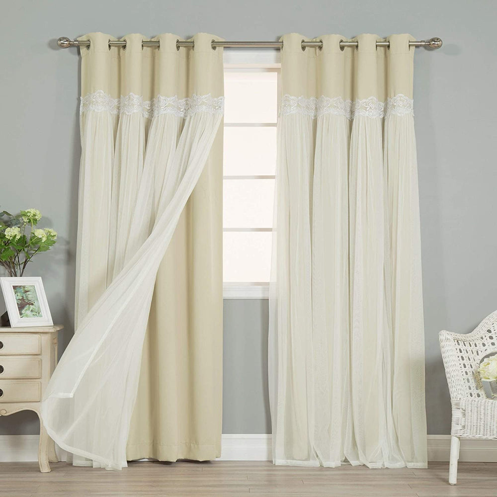 Lace Overlay Blackout Grommet Curtain Pair Beige Floral Novelty Solid Casual Shabby Chic Polyester Energy Efficient Insulated Thermal - Diamond Home USA