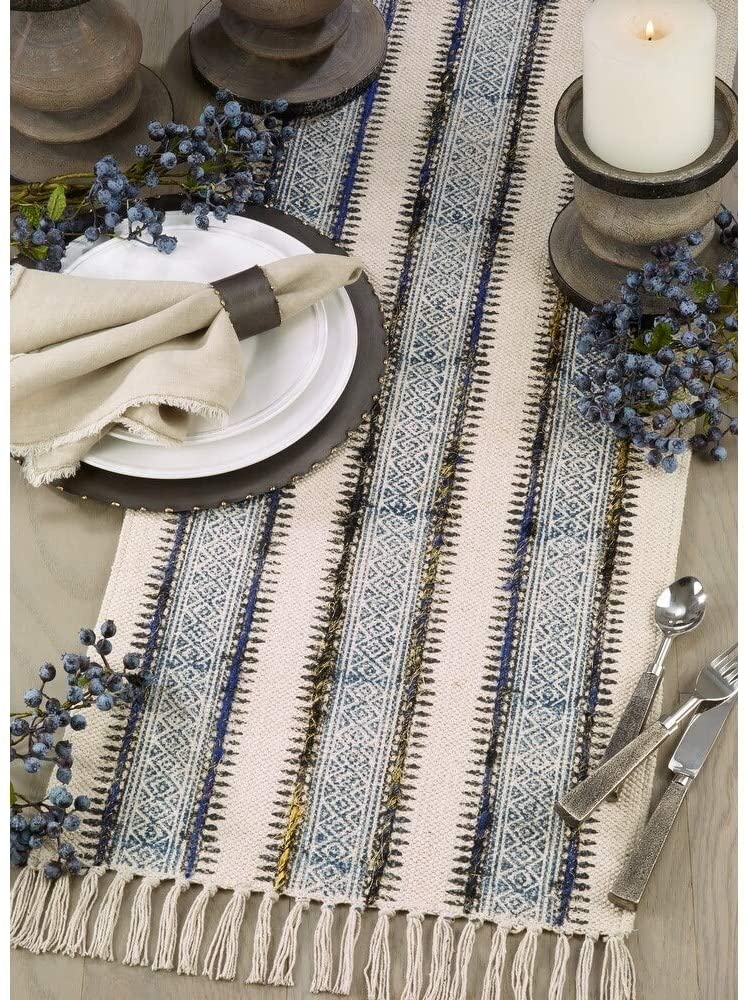 Embroidered Table Runner Block Design Blue Cotton