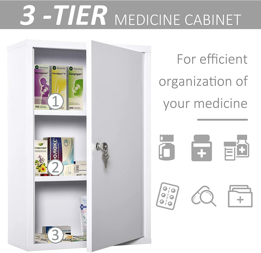 Steel Wall Mount Medicine Cabinet 3 Tier Emergency Box Bathroom Kitchen Lockable 2 Keys White Urban Finish - Diamond Home USA