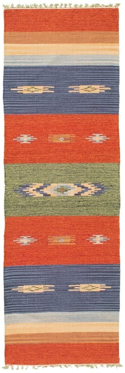 Flat Weave Bold Colorful Blue Red Wool 2'0 X 6'8 Stripe