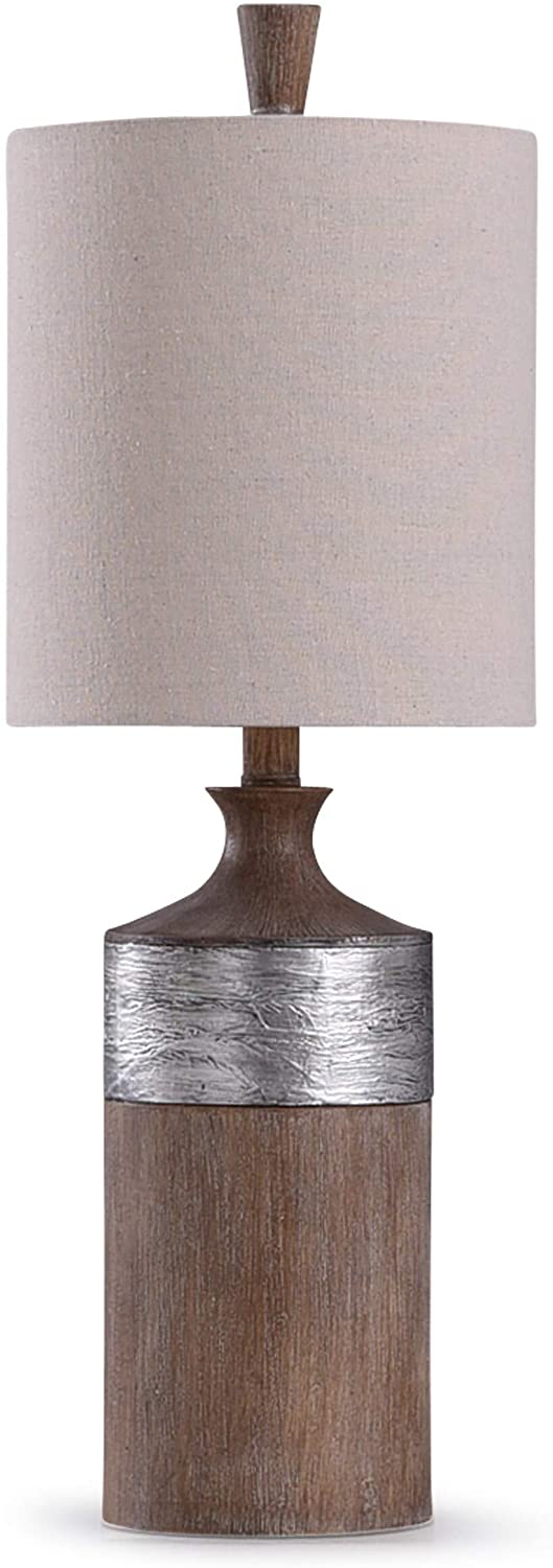 Wood Silver Textured Banded Table Lamp Tan Cylinder Shade