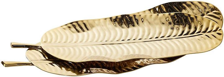 Small Leaf Shaped Display Serving Steel Trays Metallic Gold Finish Set 2 26"x11" 25 X 10 Silver Stainless - Diamond Home USA