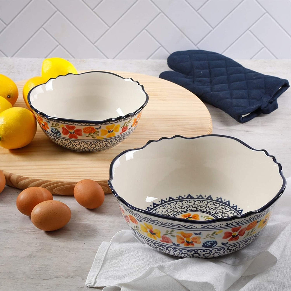 2 Piece Stoneware Bowl Set Color Floral Country Round Microwave Safe - Diamond Home USA