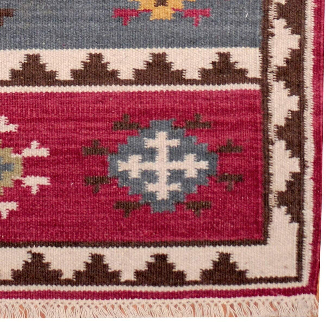 Handmade Vegetable Dye Tribal Wool Kilim Rug (India) 4' X 6' Red Geometric Oriental Cabin Lodge Rectangle Natural Fiber Latex Free - Diamond Home USA
