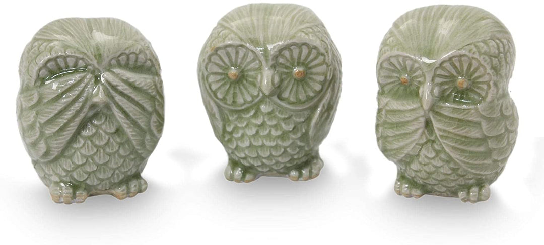 Ceramic Statuettes 'Green Owl Trio' (Set 3) Thailand Green