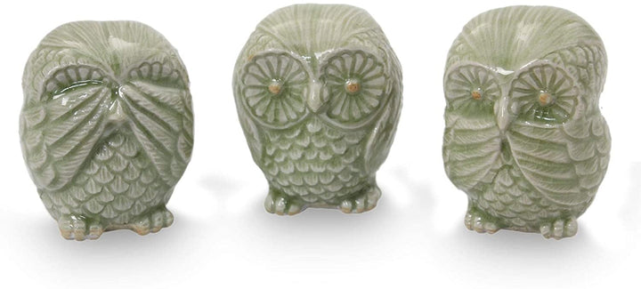 Ceramic Statuettes 'Green Owl Trio' (Set 3) Thailand Green