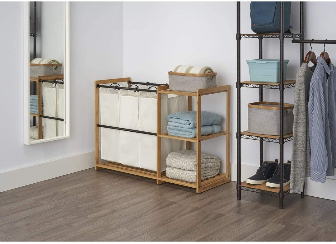 MISC 3 Bag Bamboo Laundry Station White Wood