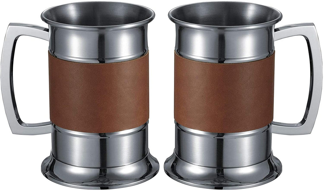 Set Two (2) Brown Leather Wrapped Beer Tankards ainless