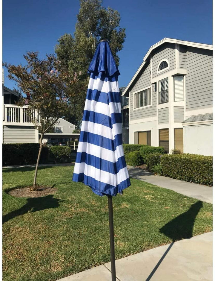 9 Feet Blue/White Strip Patio Umbrella Tilt Crank Blue White Stripe Market Modern Contemporary Round Polyester Steel Lift - Diamond Home USA