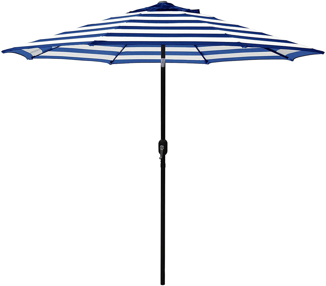 9 Feet Blue/White Strip Patio Umbrella Tilt Crank Blue White Stripe Market Modern Contemporary Round Polyester Steel Lift - Diamond Home USA