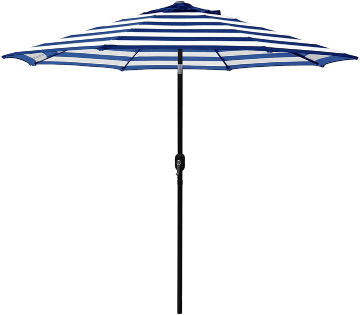 9 Feet Blue/White Strip Patio Umbrella Tilt Crank Blue White Stripe Market Modern Contemporary Round Polyester Steel Lift - Diamond Home USA
