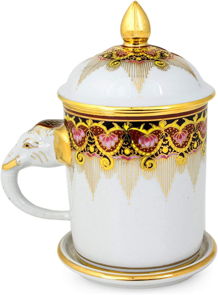 Handmade Porcelain 'Thai Iyara' Mug Saucer (Thailand) White Yellow Geometric Traditional 1 Piece