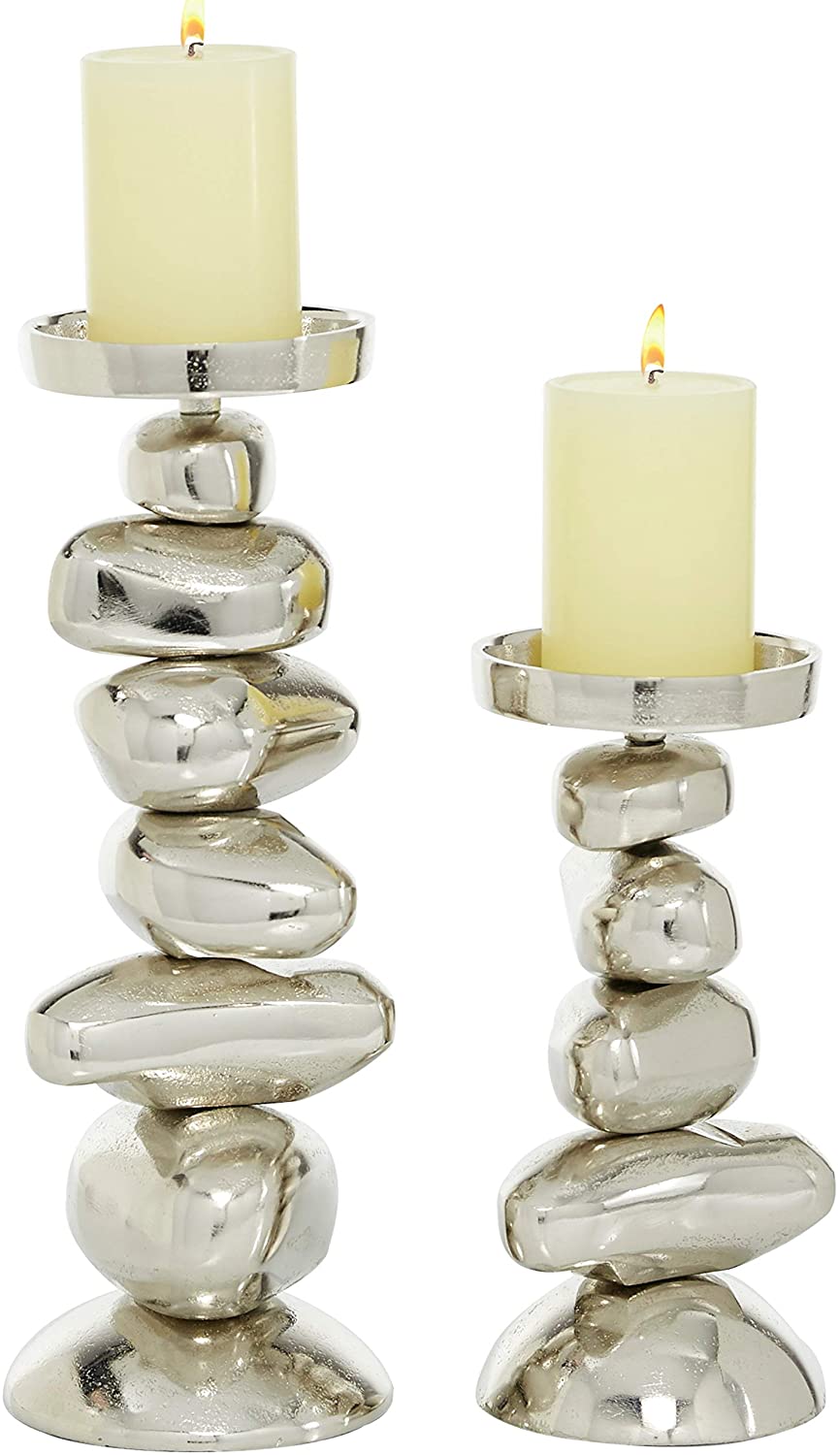 Silver Stacked Stone Candle Holders Set 2 10" " 5 X