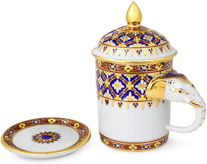 Handmade Porcelain Mug 'Thai Elixir' (Thailand) Gold White Geometric Traditional Round 1 Piece - Diamond Home USA
